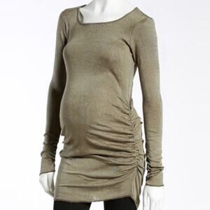 Michael Stars Long Sleeve Ruched Maternity Tunic Top One Size Green Khaki Shine